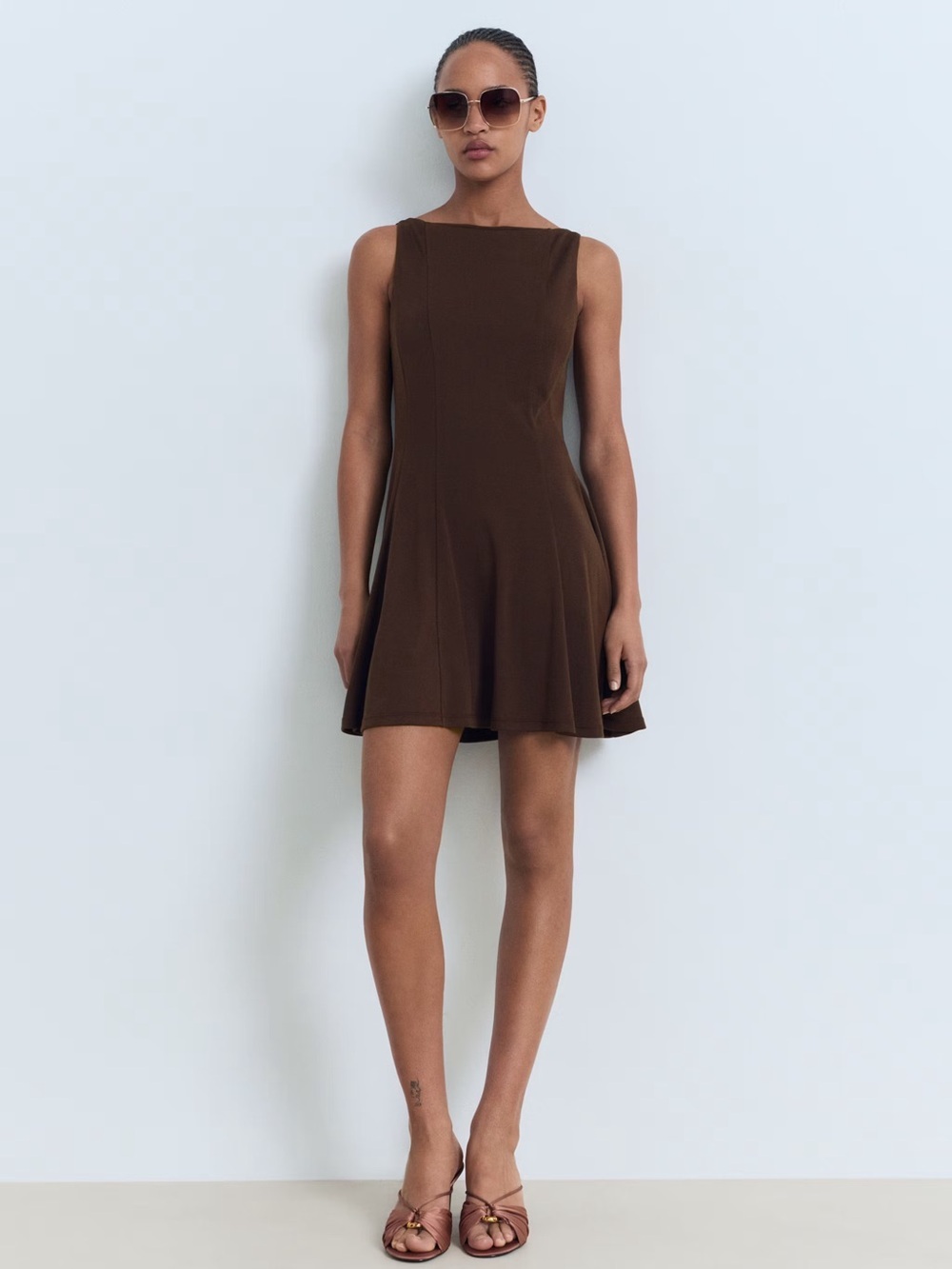 Mango Chocolate Brown pleated A-line dress NWT